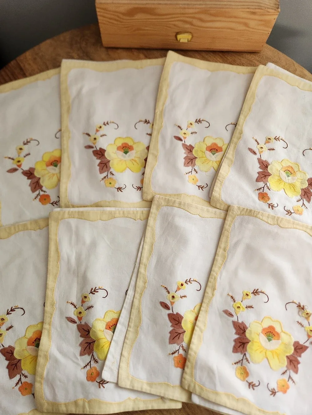 Embroidered Yellow Floral Table Placemats - Set of 8